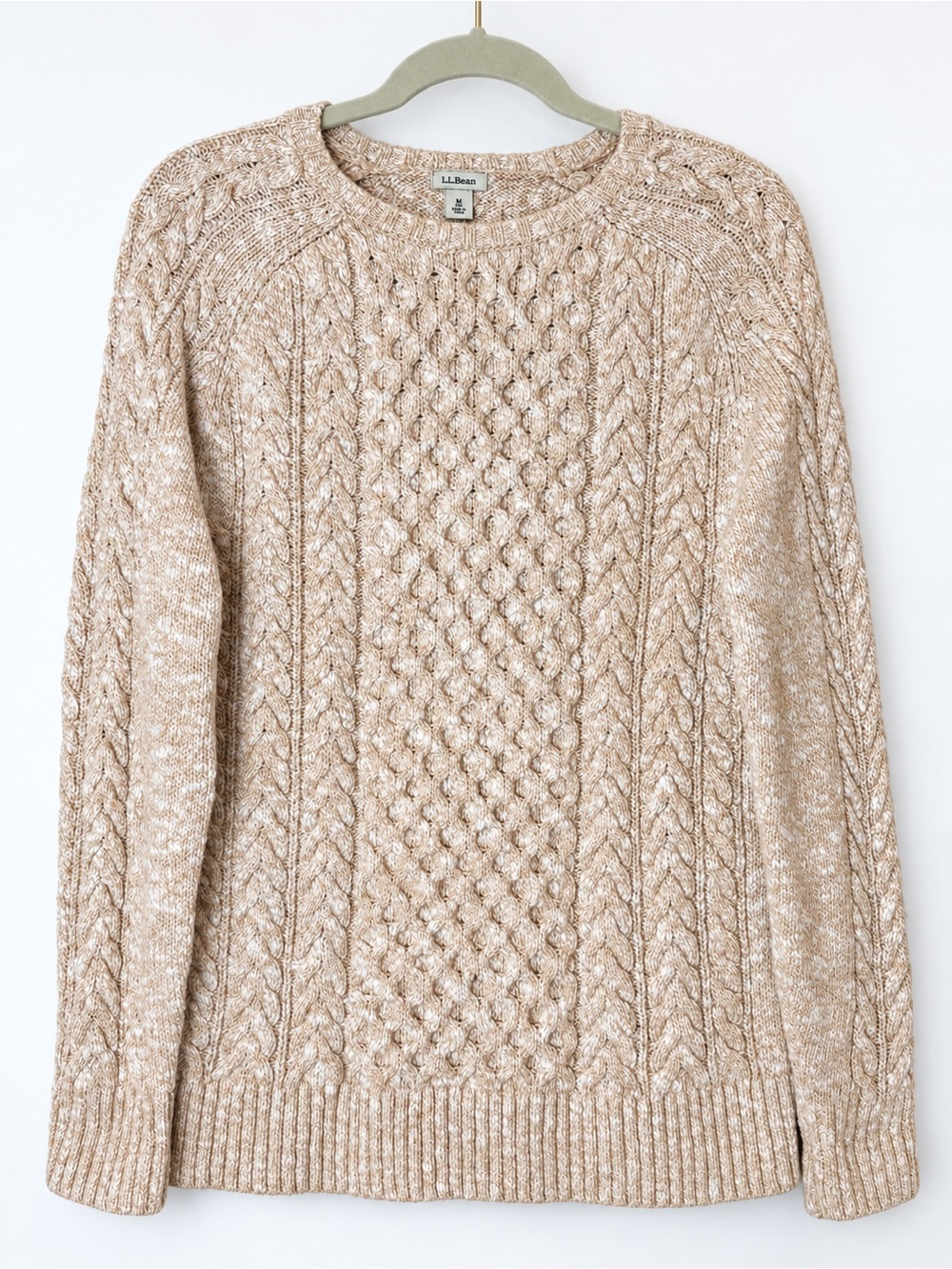 L.L.Bean 100% Cotton Cable Knit Aran Fisherman Sweater Cream Tan M